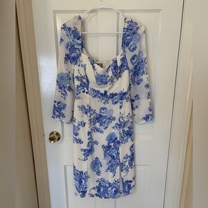 BHLDN Blue and White Floral Long Sleeve Dress